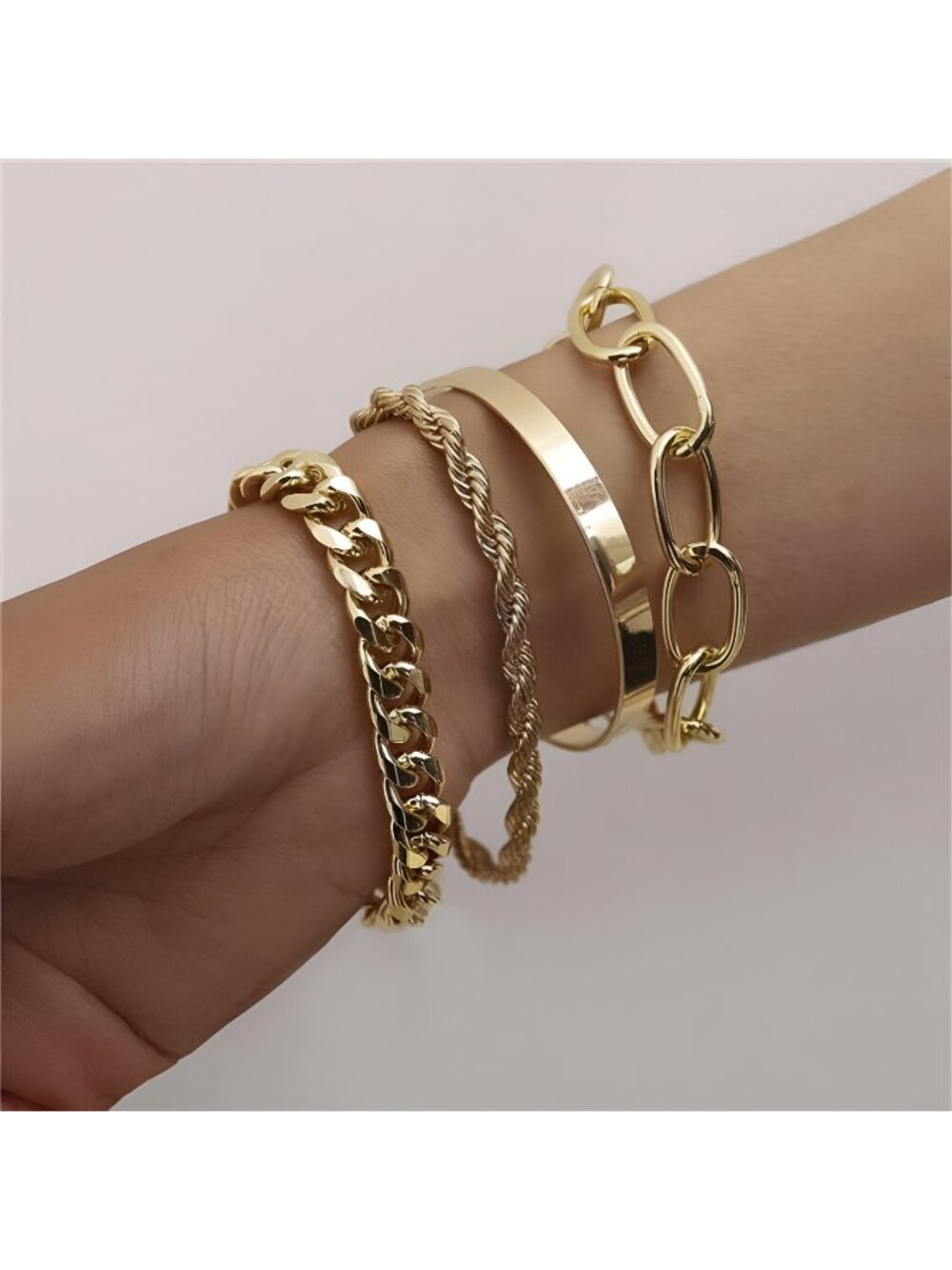 Adjustable Fashion Beaded Chunky Flat Cable Chain Punk Bracelets Set of 4-Silver